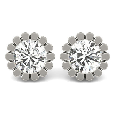 White gold Round Diamond Flower Halo Stud Earrings with Petal Prong Setting