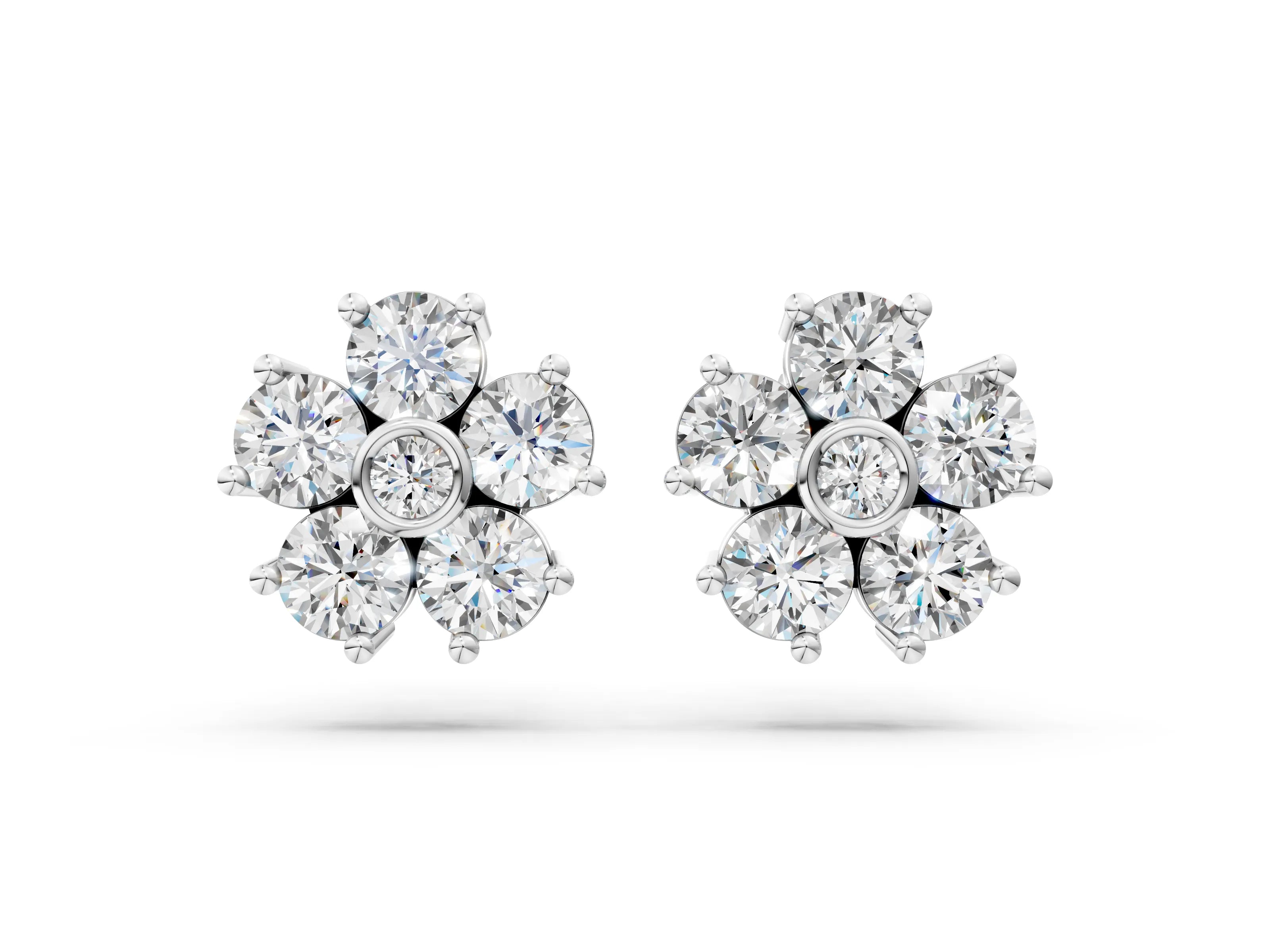 White gold Round Diamond Flower Stud Earrings with Diamond Accent_4