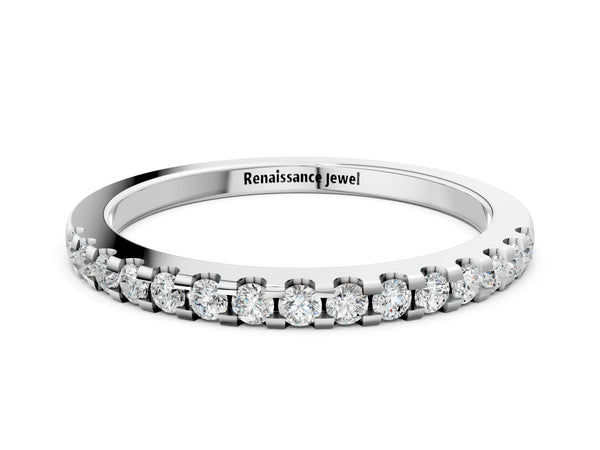 Platinum Round Diamond Half Eternity Band with Pavé Setting and Shared Prong
