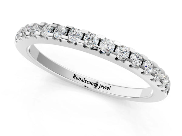 White gold Round Diamond Half Eternity Band with Pavé Setting and Shared Prong