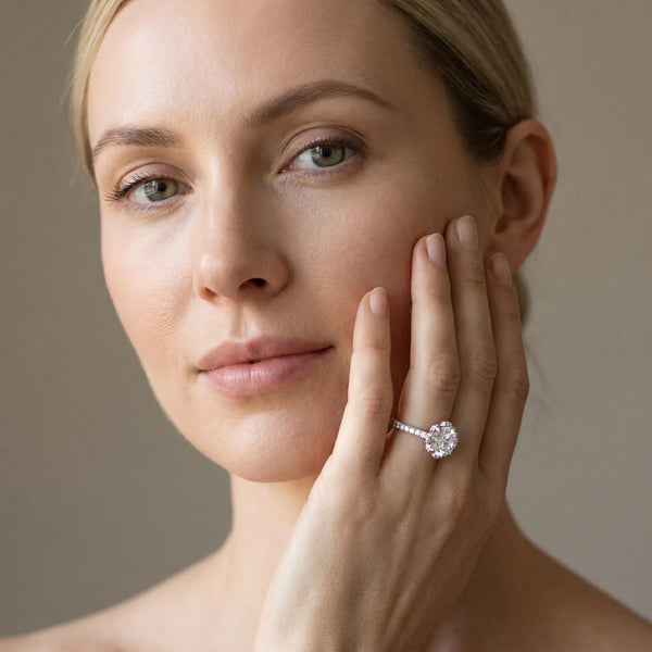 White gold Round Diamond Halo Pave Band with Four-Prong Setting