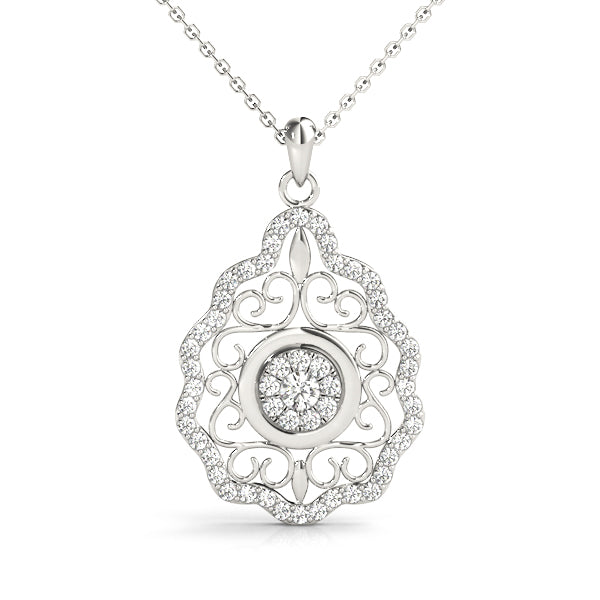 White gold Round Diamond Halo Pendant with Filigree Design