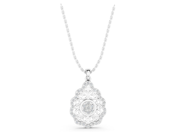 White gold Round Diamond Halo Pendant with Filigree Design