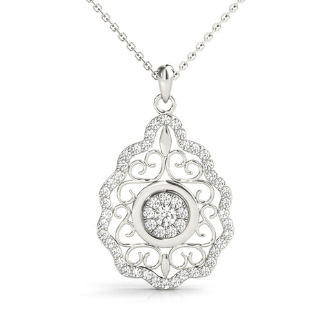 White gold Round Diamond Halo Pendant with Filigree Design
