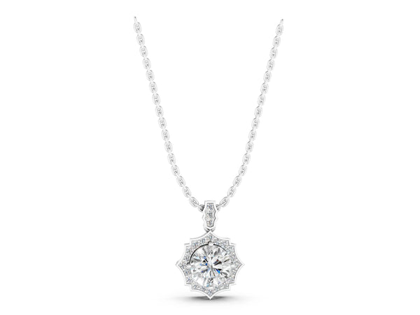 White gold Round Diamond Halo Pendant with Milgrain Prong Setting