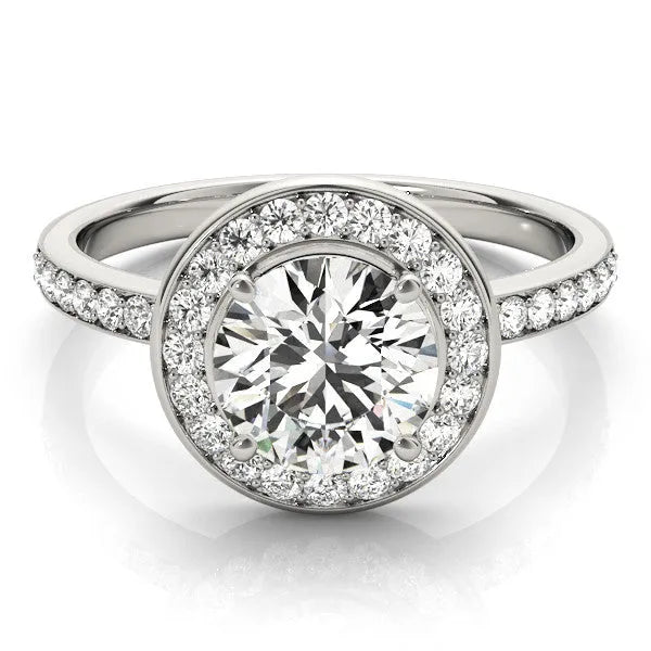 White gold Round Diamond Halo Ring with Bezel Frame and Pavé Band