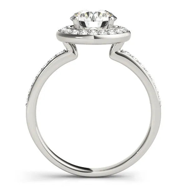 White gold Round Diamond Halo Ring with Bezel Frame and Pavé Band