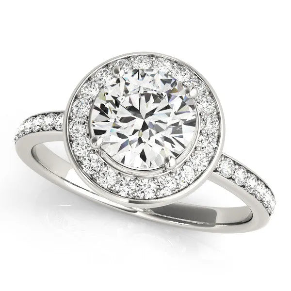 White gold Round Diamond Halo Ring with Bezel Frame and Pavé Band