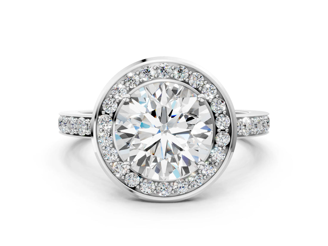 White gold Round Diamond Halo Ring with Bezel Frame and Pavé Band_74