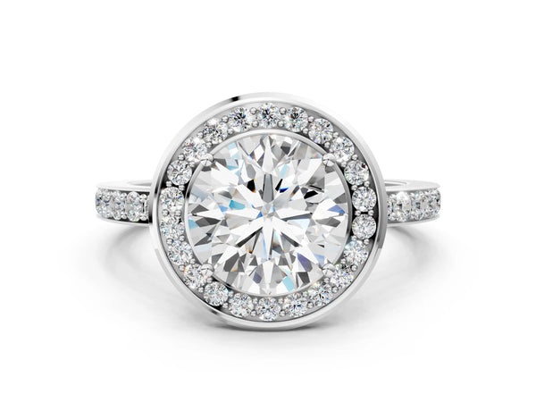 White gold Round Diamond Halo Ring with Bezel Frame and Pavé Band