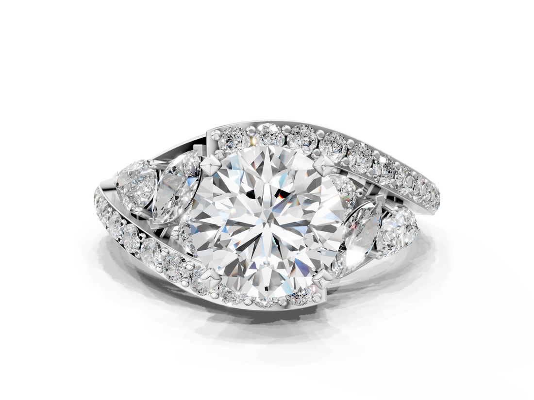 White gold Round Diamond Halo Ring with Marquise and Pavé Band in Prong Setting_116