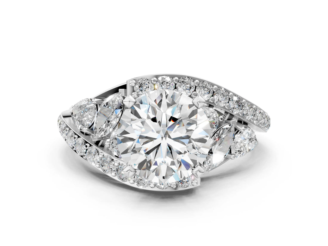 White gold Round Diamond Halo Ring with Marquise and Pavé Band in Prong Setting_25