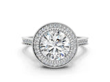 White gold Round Diamond Halo Ring with Milgrain Frame and Pavé Band_59