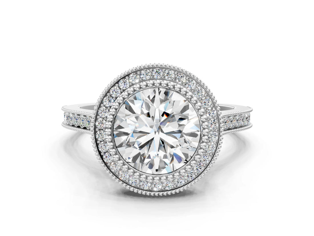 White gold Round Diamond Halo Ring with Milgrain Frame and Pavé Band_60