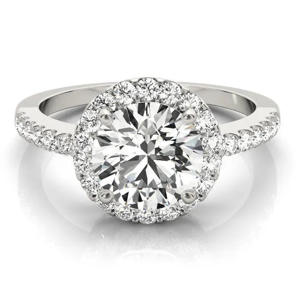 White gold Round Diamond Halo Ring with Pavé Band and Four-Prong Setting