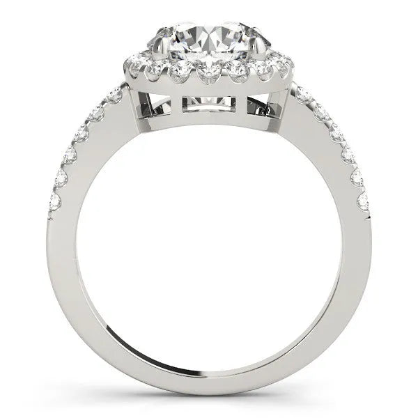 White gold Round Diamond Halo Ring with Pavé Band and Four-Prong Setting