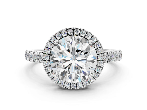 White gold Round Diamond Halo Ring with Pavé Band and Four-Prong Setting