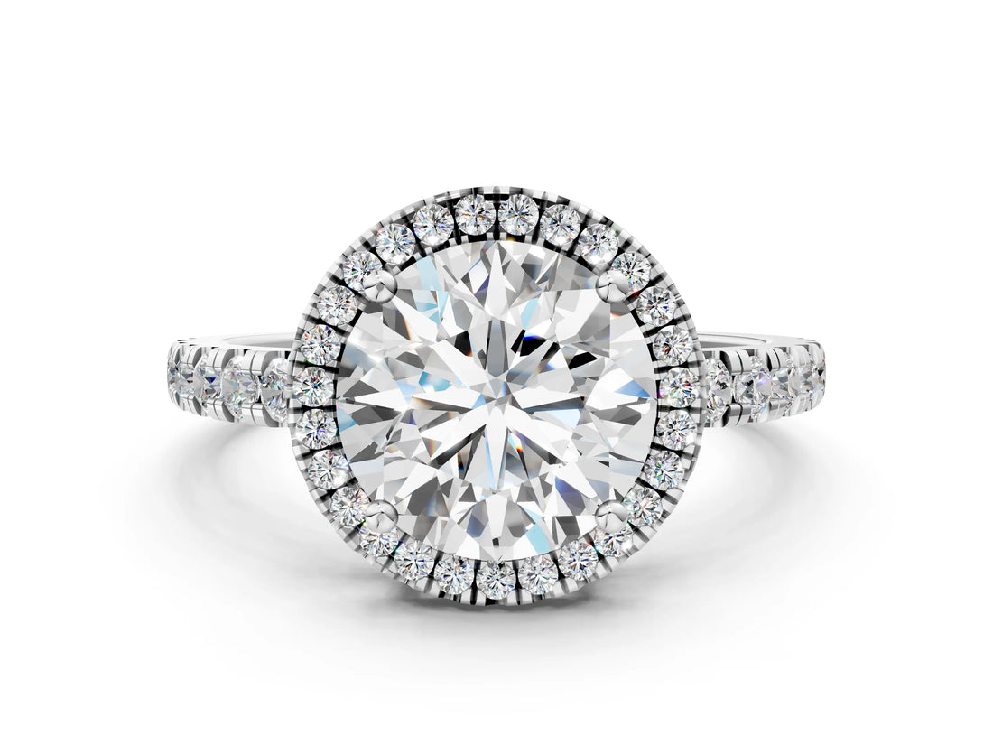 White gold Round Diamond Halo Ring with Pavé Band and Four-Prong Setting_74