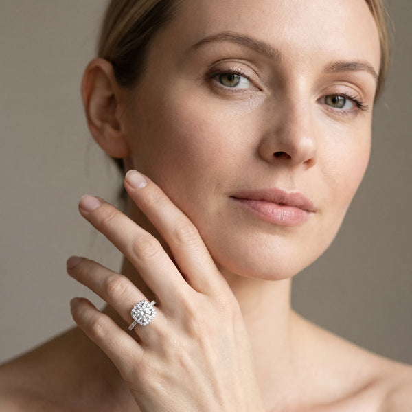 White gold Round Diamond Halo Ring with Pavé Band