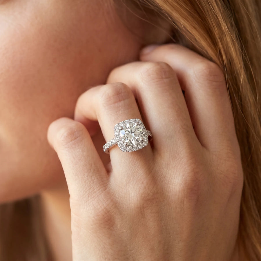 White gold Round Diamond Halo Ring with Pavé Band