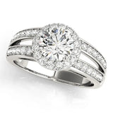 White gold Round Diamond Halo Ring with Split Shank Pavé Band and Four-Prong Setting
