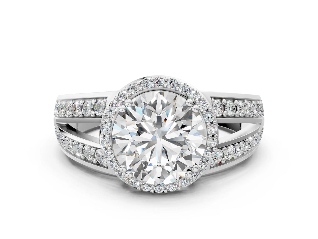 White gold Round Diamond Halo Ring with Split Shank Pavé Band and Four-Prong Setting_26