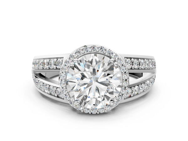 White gold Round Diamond Halo Ring with Split Shank Pavé Band and Four-Prong Setting