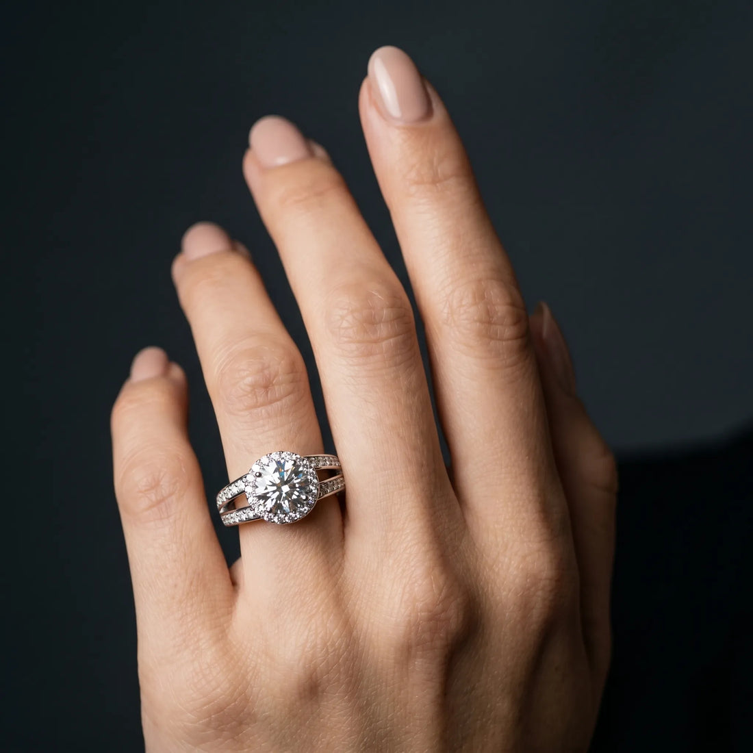 White gold Round Diamond Halo Ring with Split Shank Pavé Band and Four-Prong Setting_41