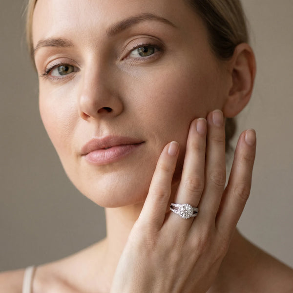 White gold Round Diamond Halo Ring with Split Shank Pavé Band and Four-Prong Setting