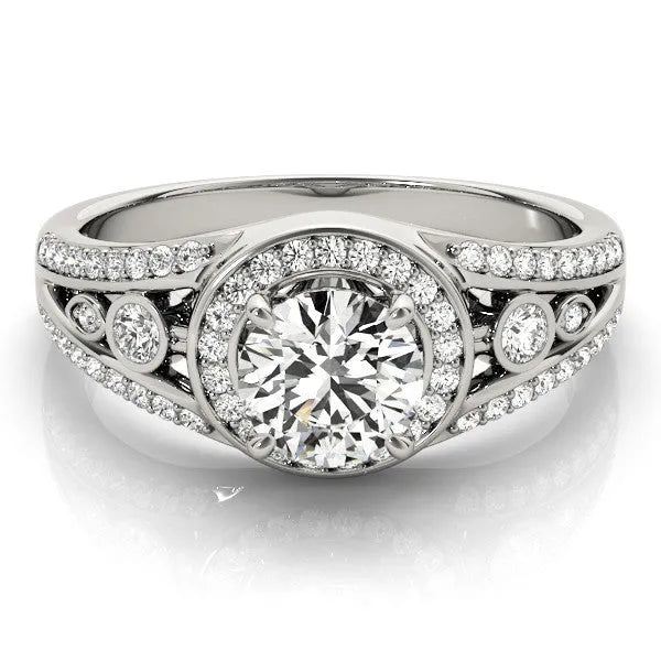 White gold Round Diamond Halo Ring with Split Shank and Bezel Accents and Four-Prong Setting