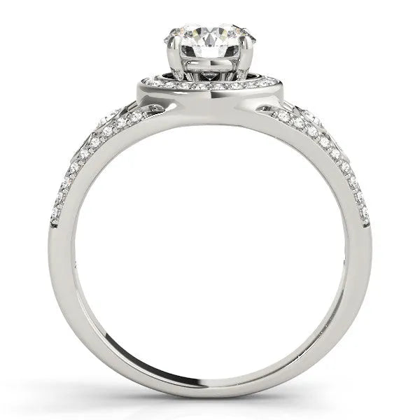 White gold Round Diamond Halo Ring with Split Shank and Bezel Accents and Four-Prong Setting