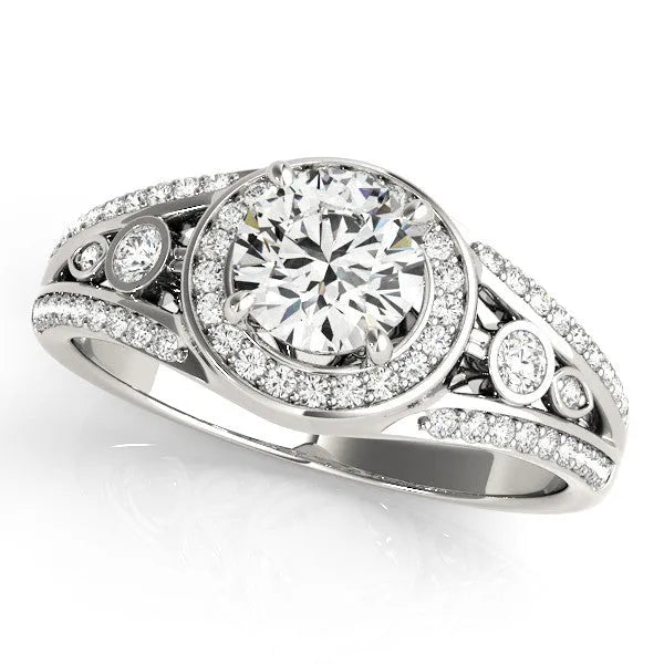 White gold Round Diamond Halo Ring with Split Shank and Bezel Accents and Four-Prong Setting