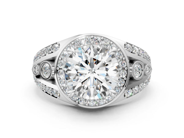 White gold Round Diamond Halo Ring with Split Shank and Bezel Accents and Four-Prong Setting