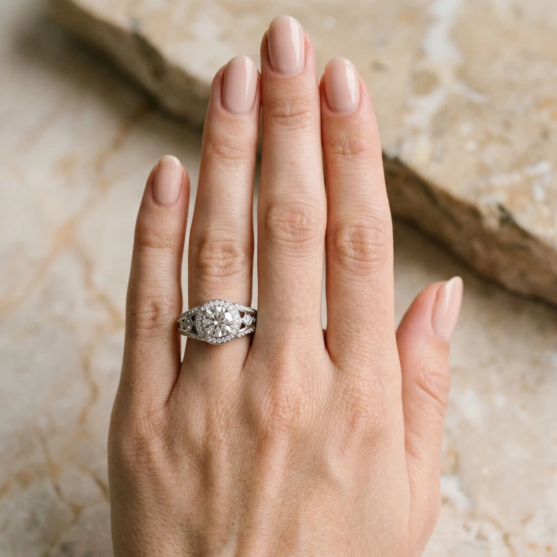 White gold Round Diamond Halo Ring with Split Shank and Bezel Accents and Four-Prong Setting_24