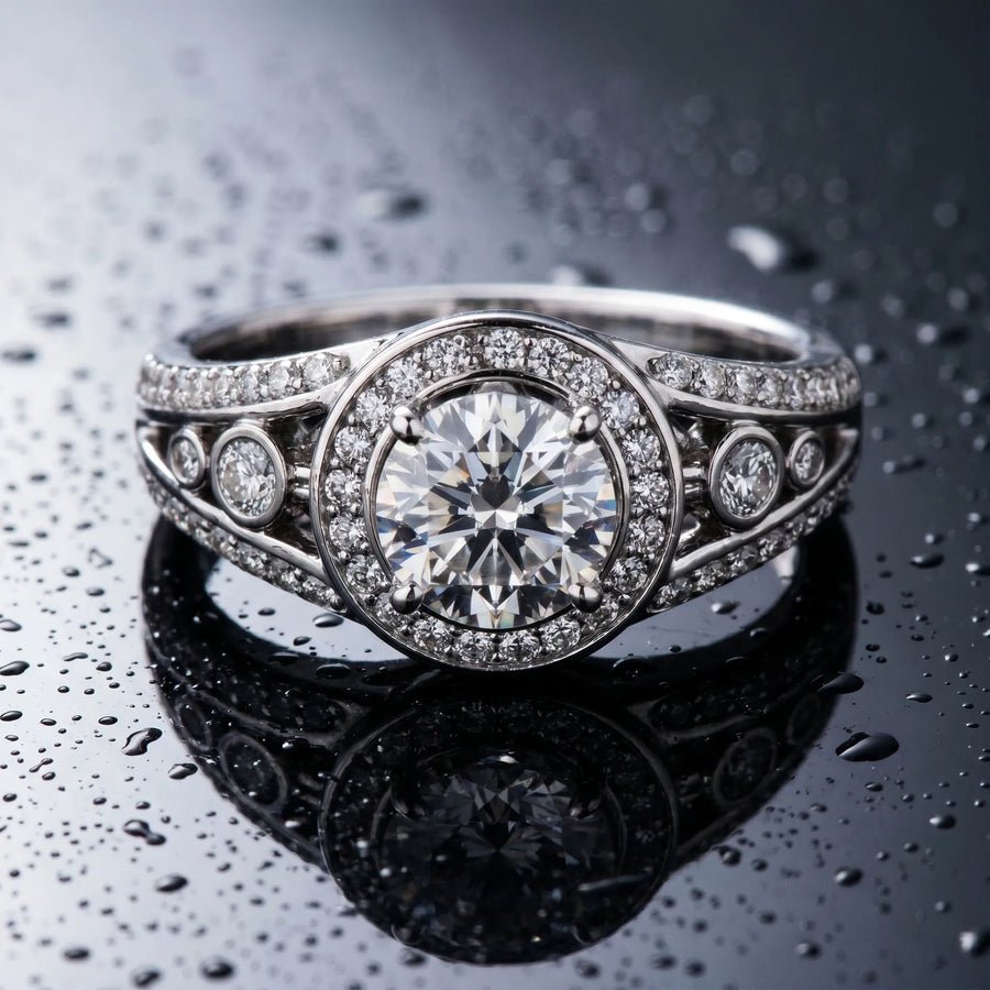 White gold Round Diamond Halo Ring with Split Shank and Bezel Accents and Four-Prong Setting