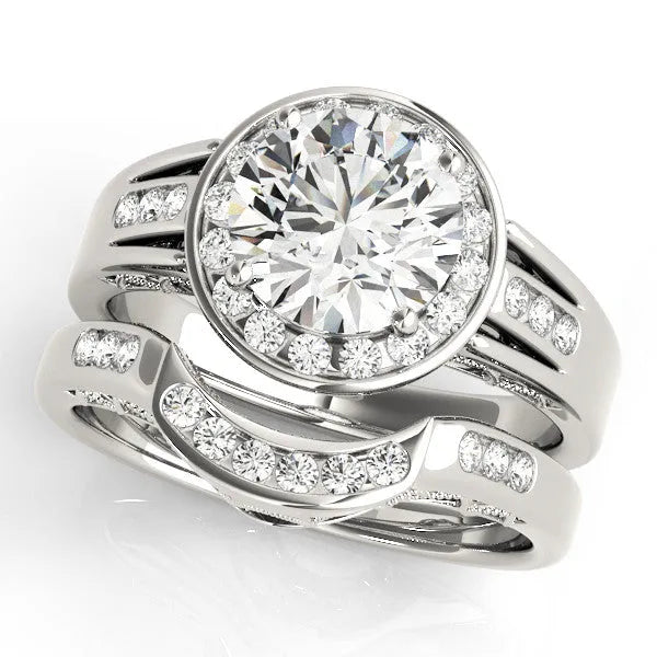 White gold Round Diamond Halo Ring with Split Shank and Bezel Accents and Prong Setting