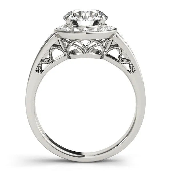 White gold Round Diamond Halo Ring with Split Shank and Bezel Accents and Prong Setting