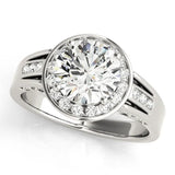 White gold Round Diamond Halo Ring with Split Shank and Bezel Accents and Prong Setting