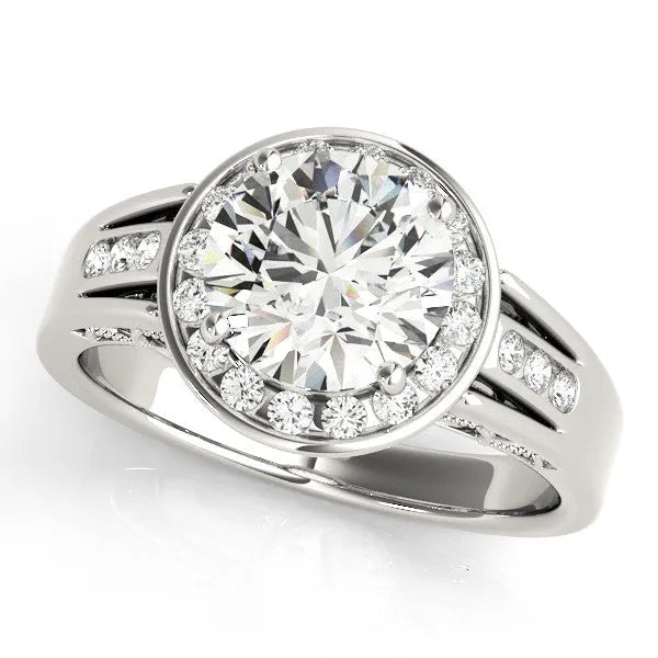 White gold Round Diamond Halo Ring with Split Shank and Bezel Accents and Prong Setting