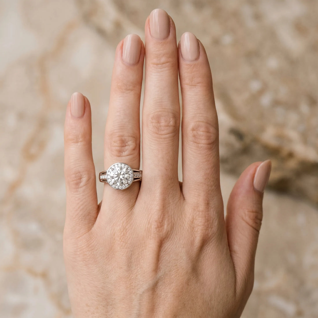 White gold Round Diamond Halo Ring with Split Shank and Bezel Accents and Prong Setting_25