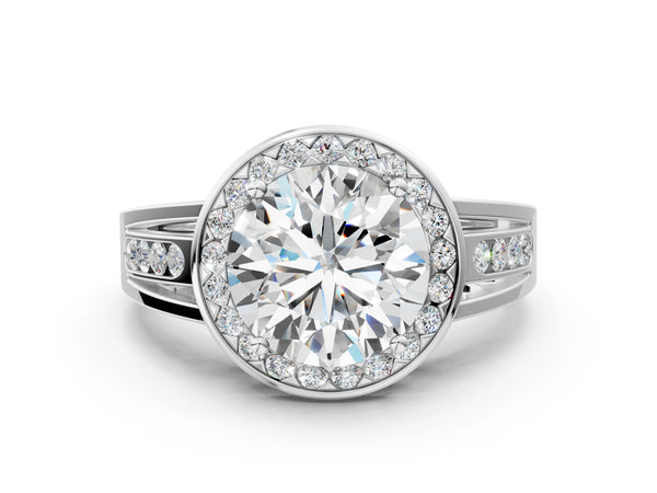 White gold Round Diamond Halo Ring with Split Shank and Bezel Accents and Prong Setting