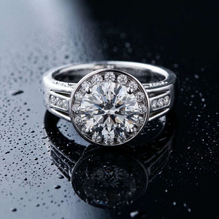 White gold Round Diamond Halo Ring with Split Shank and Bezel Accents and Prong Setting