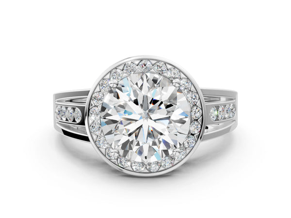 White gold Round Diamond Halo Ring with Split Shank and Bezel Accents and Prong Setting