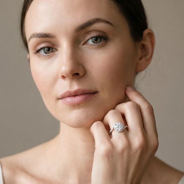 White gold Round Diamond Halo Ring with Twisted Pavé Band and Four-Prong Setting