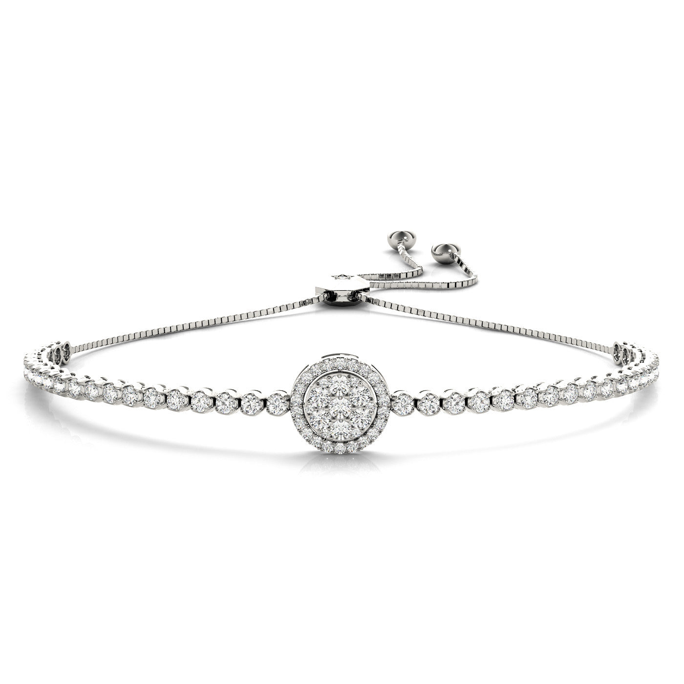 White gold Round Diamond Halo Tennis Bracelet with Box Chain and Pavé Setting