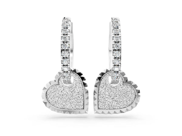 Silver Round Diamond Heart Charm Huggie Hoop Earrings
