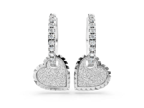 White gold Round Diamond Heart Charm Huggie Hoop Earrings