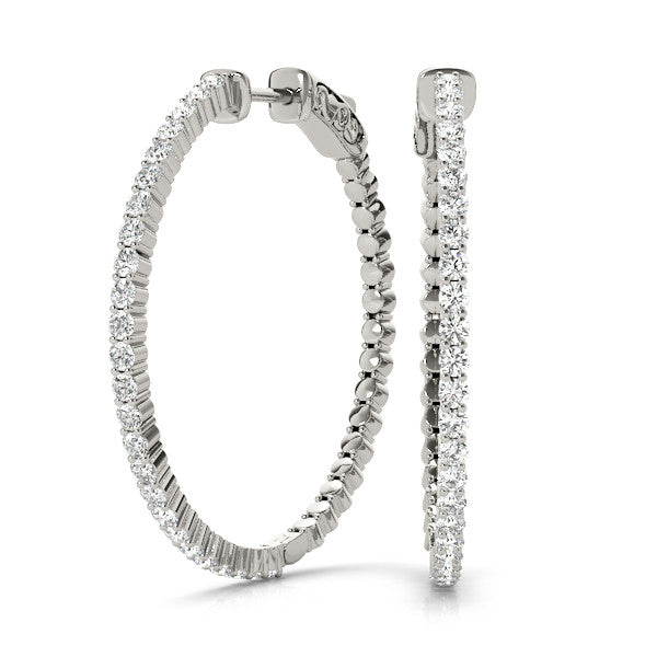 White gold Round Diamond Hoop Earrings with Pave Setting and Shared Prong
