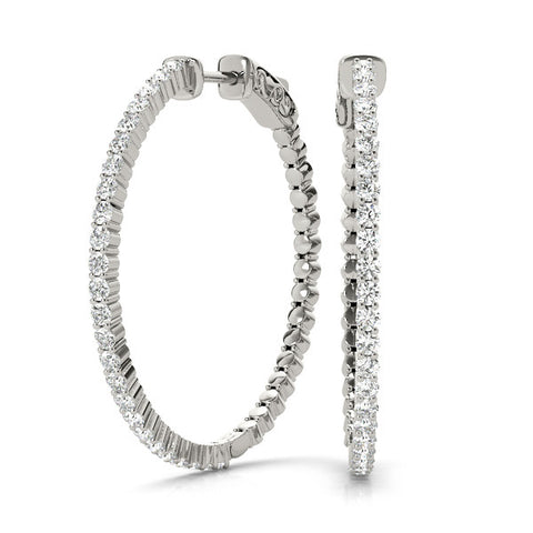 White gold Round Diamond Hoop Earrings with Pave Setting and Shared Prong