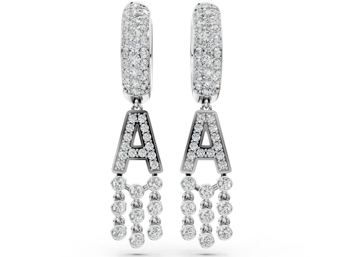 White gold Round Diamond Initial A Huggie Hoop Earrings